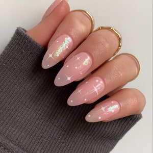White Star Custom Press On Nails | Celestial Luxury Glitter False Nails | Pink Stick On Nails