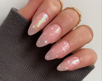 White Star Custom Press On Nails | Celestial Luxury Glitter False Nails | Pink Stick On Nails