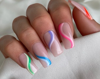 Rainbow Swirl Custom Press On Nails | Multicolour Fake Nails | Fun Stick On Nails