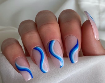 Blue Rainbow  Custom Press On Nails | Rainbow False Nails | Luxury Stick On Nails | Summer Fake Nails