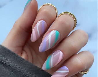 Pastel Swirl Custom Press On Nails | Spring False Nails | Easter Stick On Nails