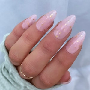 Embellished Gold Flakes Custom Press On Nails | Luxury False Nails | Sheer Stick On Nails