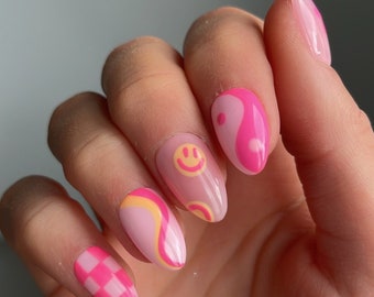 Smiley Mix And Match Custom Press On Nails | Funky False Nails | Pink Floral Stick On Nails