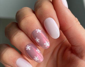 Ditsy Flower Chrome Custom Press On Nails | Pink Luxury False Nails | Pearlescent Stick On Floral Nails