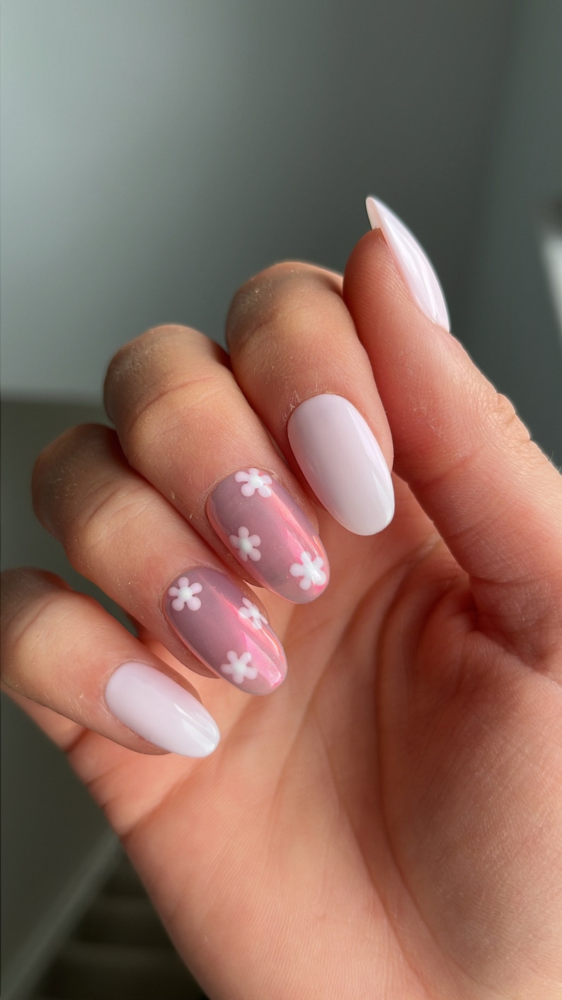 Ditsy Flower Chrome Custom Press On Nails Pink Luxury False Nails Pearlescent Stick On Floral Nails image 1