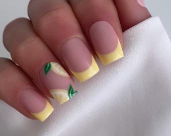 Pastel lemons Custom Press On Nails | Yellow False Nails | Square Fruit Glue On Nails