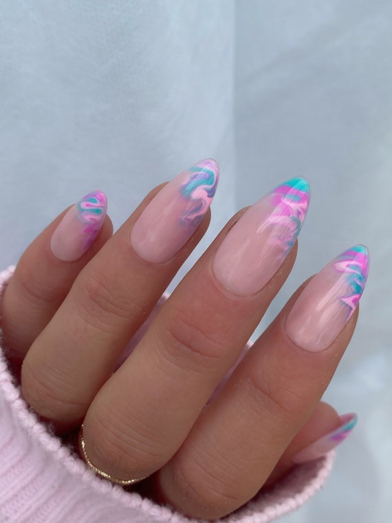 Groovy Marmor Tipps Custom Press On Nails | Luxus falsche Ngel | Frhling  Long Almond Stick On Nails - Etsy sterreich