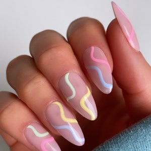 Pastel Abstract Custom Press On Nails | Spring Swirls Fake Nails | Easter Stick On Nails
