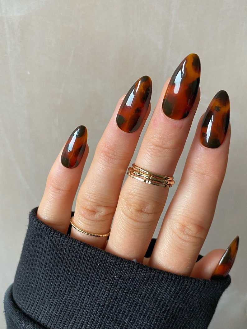 Tortie Custom Press On Nails Autumn Winter False Nails Luxury Fall Glue On Nails Brown Almond Nails image 3