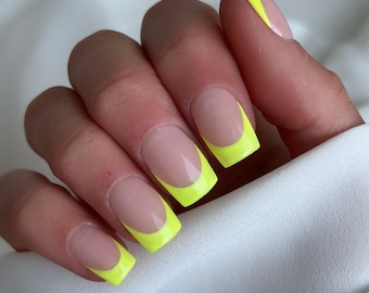 Lime French Custom Press On Nails | Summer False Nails | Square Stick On Nails | Neon Yellow Fake Nails