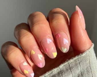 Pastel liefde harten aangepaste pers op nagels | Valentijnsdag valse nagels | Luxe stok op nagels