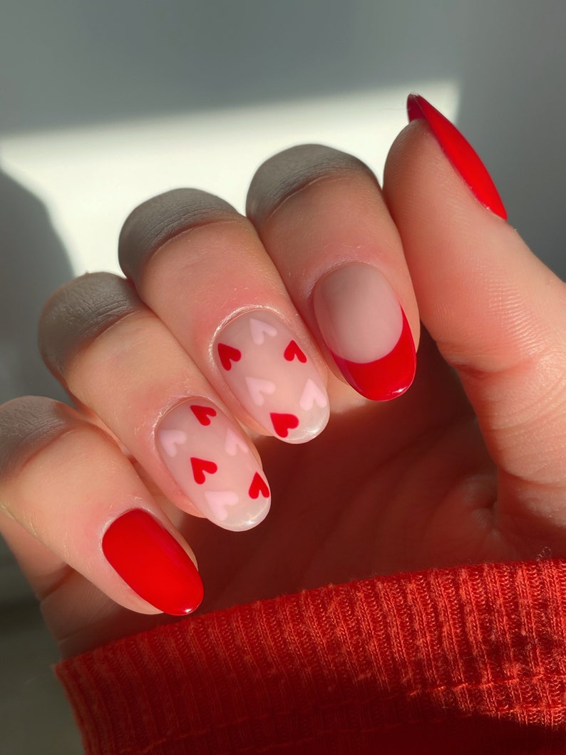 Valentines Hearts Custom Press On Nails Pink And Red False Nails Luxury Stick On Nails image 1