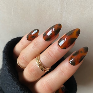 Tortie Custom Press On Nails Autumn Winter False Nails Luxury Fall Glue On Nails Brown Almond Nails image 1