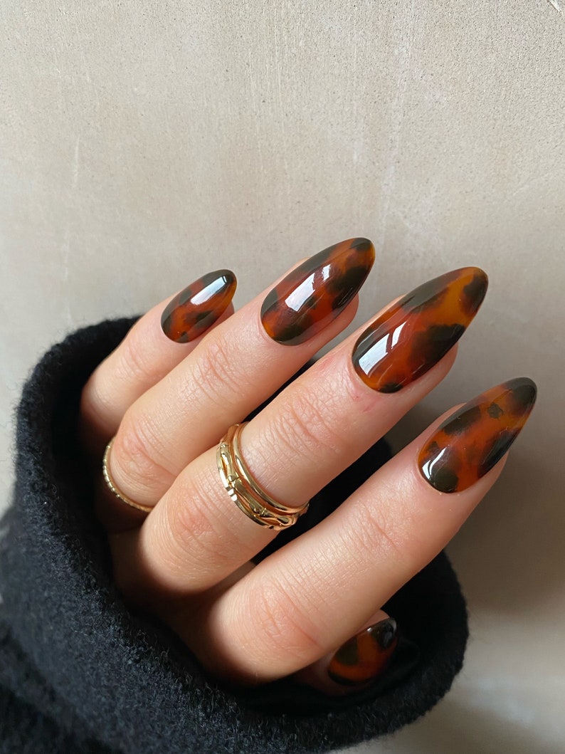 Tortie Custom Press On Nails Autumn Winter False Nails Luxury Fall Glue On Nails Brown Almond Nails image 1