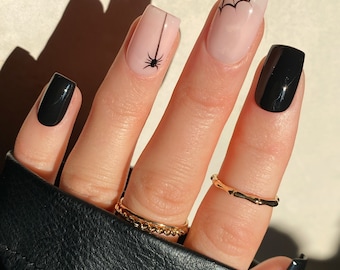 Halloween Spider And Web Custom Press On Nails | Luxury False Nails | Black Stick On Nails