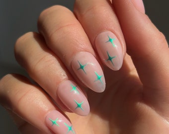 Green Chrome Stars Custom Press On Nails | Luxury Celestial False Nails | Short Almond Stick On Nails