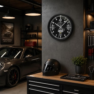 May include: A black wall clock with white markings and hands, resembling an aircraft instrument. The clock is mounted on a gray wall. A black helmet and a set of tools are on a wooden workbench. A dark gray sports car is in the background.