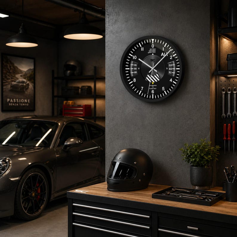 May include: A black wall clock with white markings and hands, resembling an aircraft instrument. The clock is mounted on a gray wall. A black helmet and a set of tools are on a wooden workbench. A dark gray sports car is in the background.