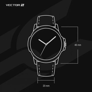 Puede incluir: Un dibujo lineal blanco de un reloj de pulsera sobre un fondo negro. La esfera del reloj es redonda con manecillas que indican la hora. El reloj mide 2 cm de ancho y 4,6 cm de alto. La palabra "VECTOR" est&aacute; en la esquina superior izquierda.