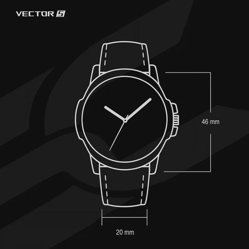 Puede incluir: Un dibujo lineal blanco de un reloj de pulsera sobre un fondo negro. La esfera del reloj es redonda con manecillas que indican la hora. El reloj mide 2 cm de ancho y 4,6 cm de alto. La palabra "VECTOR" est&aacute; en la esquina superior izquierda.