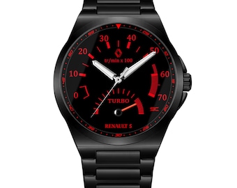 Montre-bracelet avec compte-tours Renault Super 5 GT Turbo, boîtier et bracelet en acier noir, style années 80-90, style sport.