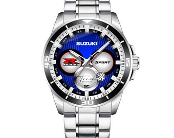 Suzuki Fan Art Wristwatch Sporty Silver Steel Case and Strap Motorcycle Accessory Gadget Gift Track Master