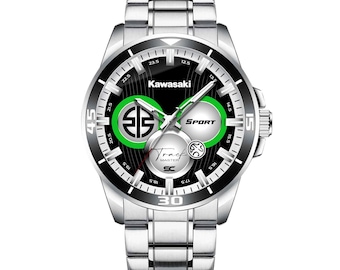Kawasaki Fan Art Wristwatch Sporty Silver Steel Case and Strap Motorcycle Accessory Gadget Gift Track Master