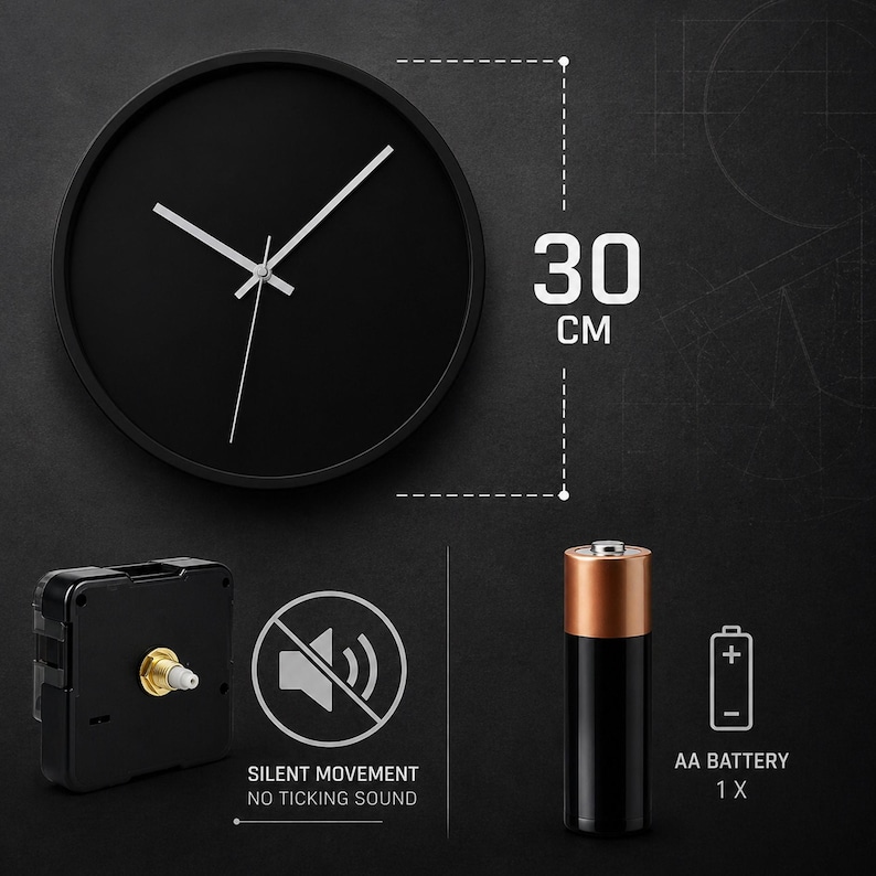 May include: A black round wall clock, 30 cm in diameter, with white hands. The image also shows a clock mechanism, a battery, and the text "SILENT MOVEMENT NO TICKING SOUND".
