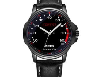 Reloj de pulsera deportivo con cuentarrevoluciones 205 GTI Performance, caja de acero y correa de piel sintética de rally.