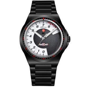 May include: Black wristwatch with a white and black face. The watch features red accents on the bezel and a black metal band. The watch face displays numbers and a gauge-like design.
