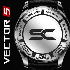 May include: A stainless steel quartz watch with a black leather band. The watch face is silver with the letters "SC" in the center. The watch has the text "VECTOR S", "3 ATM", "STAINLESS STEEL", "DESIGN ITALY", "STILE CORSE", and "QUARTZ".