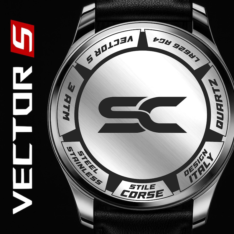 May include: A stainless steel quartz watch with a black leather band. The watch face is silver with the letters "SC" in the center. The watch has the text "VECTOR S", "3 ATM", "STAINLESS STEEL", "DESIGN ITALY", "STILE CORSE", and "QUARTZ".