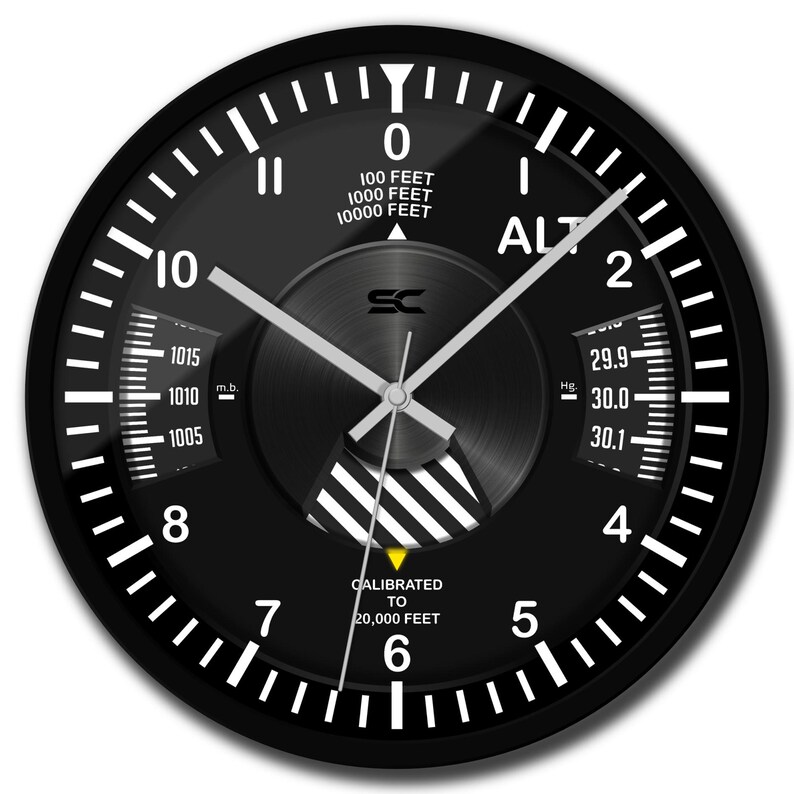 May include: Black aviation-themed wall clock with white numerals and hands. The clock face features altitude and pressure indicators, with text including "ALT" and "CALIBRATED TO 20,000 FEET". The clock has a round shape.