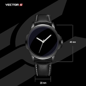 May include: Black wristwatch with a black face and white hands. The watch has a black leather band with white stitching. The watch face is 46 mm in height and the band is 20 mm wide. The brand name "VECTOR 5" is in the upper left corner.