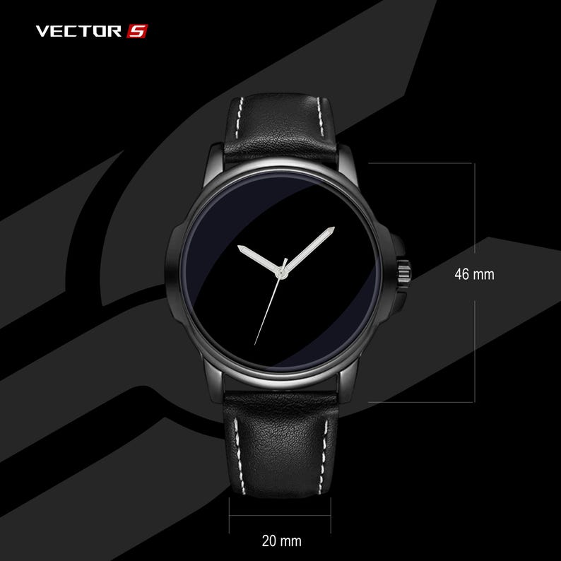 May include: Black wristwatch with a black face and white hands. The watch has a black leather band with white stitching. The watch face is 46 mm in height and the band is 20 mm wide. The brand name "VECTOR 5" is in the upper left corner.