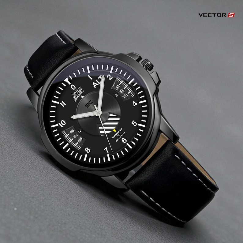 May include: Black analog watch with a leather band. The watch face features white markings and hands against a black background, with the text "ALT" and "CALIBRATED TO 20,000 FEET". The watch has a black case and a black leather strap with white stitching. The brand name "VECTOR S" is visible.