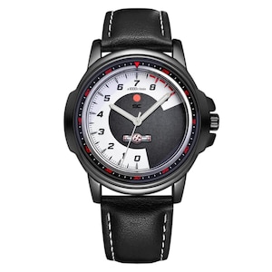 May include: Black wristwatch with a white and black face, featuring a speedometer-inspired design. The watch has a black leather band with white stitching and a black case. The watch face includes the text "x1000r/min".
