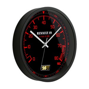 May include: Black wall clock with a red and black gauge face design. The clock face features the text "RENAULT 19" and "tr/min X 100". The clock has a black bezel and white clock hands.