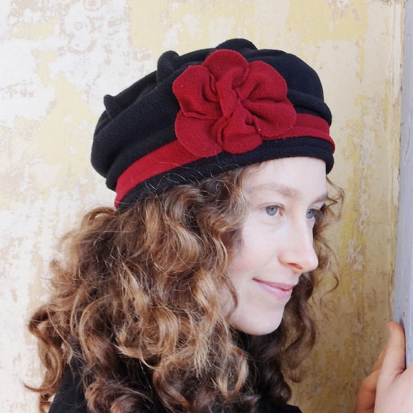 Chapeau béret fleur femme hiver polaire, couleurs au choix