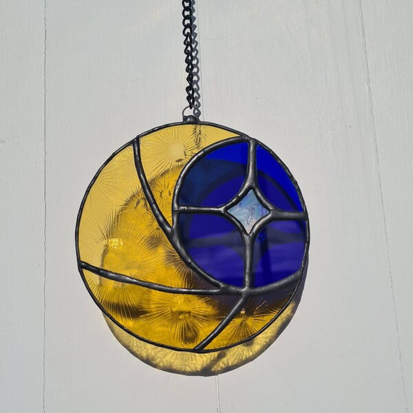 Stained Glass Moon With Hanging Star Etsy