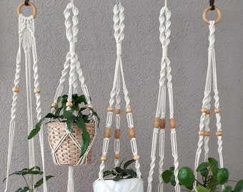 Blumenampel mit HOLZKUGELN Pflanzeaufhänger Makramee Pflanzenhänger Hängeampel Macrame Holzperlen Wandbehang Zimmerpflanzen Wanddekoration