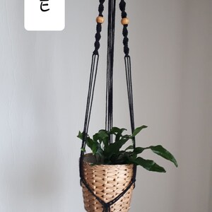 May include: Black macrame plant hanger with wooden beads and a wooden ring at the top. A small potted plant is hanging from the hanger.
