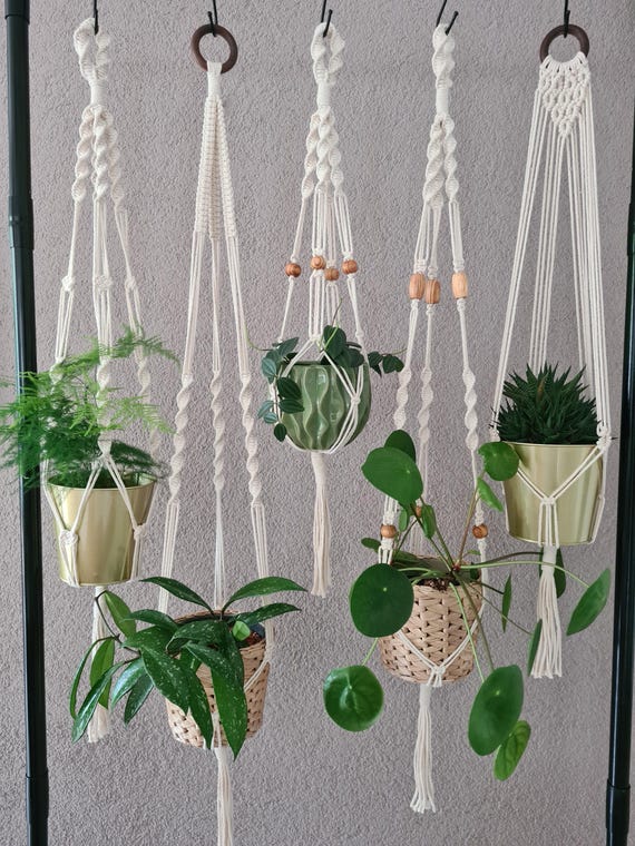 MAKRAMEE Blumenampel EINZELN oder im 2er SET Pflanzenaufhänger Hängeampel Vintage Pflanzenhänger mit Holzkugeln Fensterdekoration Pflanzen