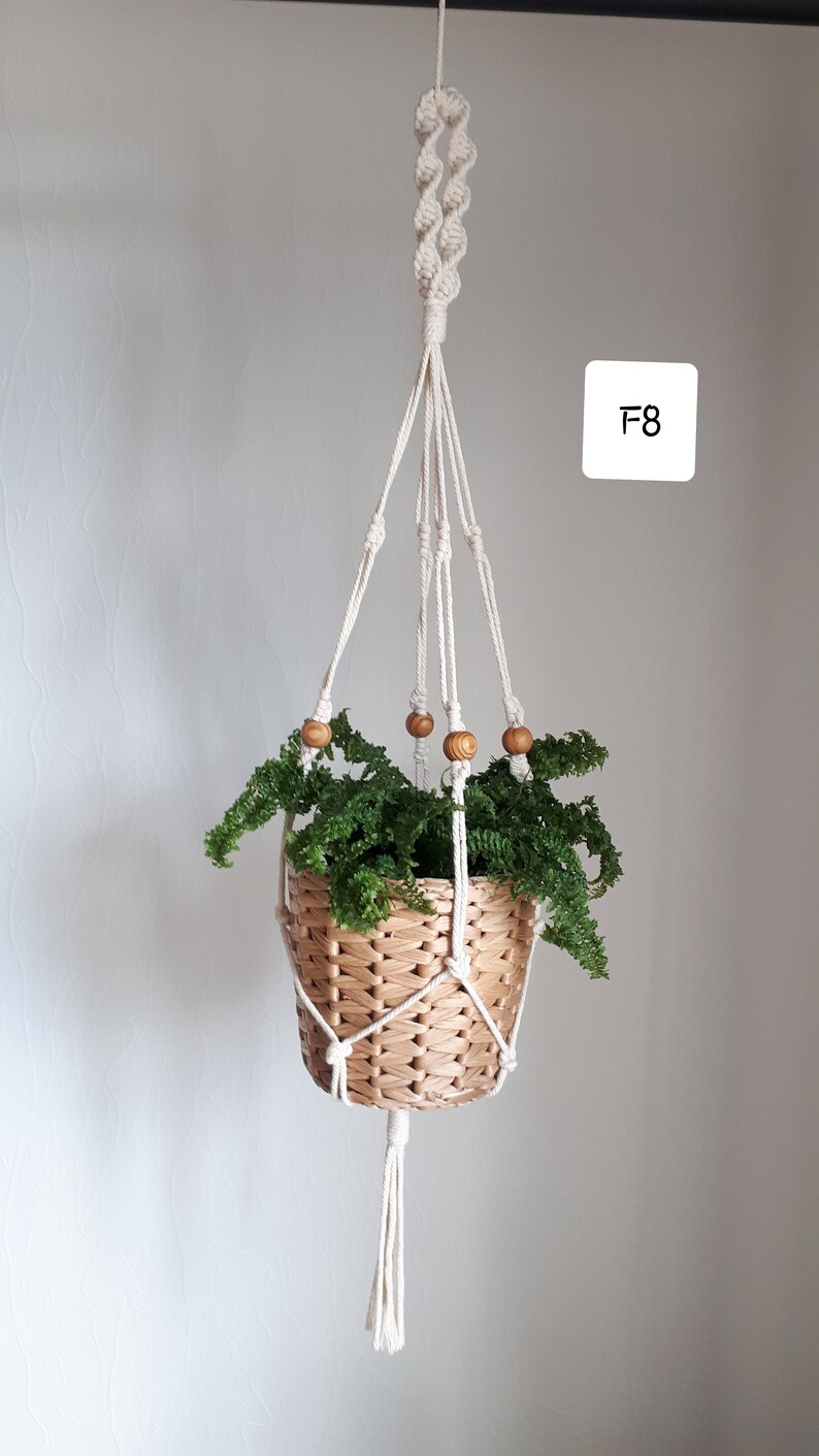 May include: A white macrame plant hanger with wooden beads, holding a woven basket with a green plant. The hanger is labeled "F8".