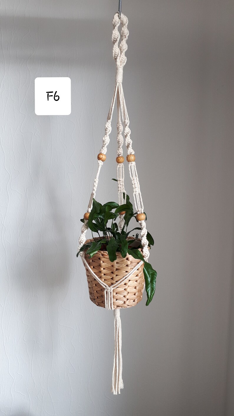 May include: A white macrame plant hanger with wooden beads, holding a woven basket with a green plant. The hanger is labeled "F6".