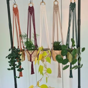 Op de afbeelding: Een zwarte metalen plantenstandaard met vijf macramé plantenhangers in verschillende kleuren: oranje, bordeaux, crème, beige en groen. Elke hanger bevat een kleine potplant met diverse bladeren.