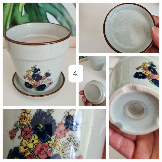 Blumentopf Vintage klein floral Pflanzentopf Keramik Topf für Zimmerpflanzen70er 60er blumen huflattich handgemalt landhaus