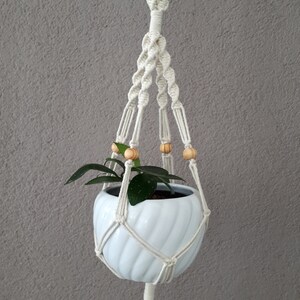 May include: White ceramic planter with a green plant inside, hanging from a macrame plant hanger with wooden beads. The hanger has a long tassel at the bottom. The text "F1" is written on a white tag attached to the tassel.