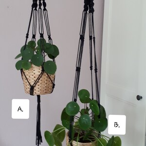 May include: Two black macrame plant hangers with green plants in woven baskets. The hangers are labeled A and B.