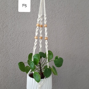 May include: White macrame plant hanger with wooden beads, holding a green plant in a white ceramic pot. The hanger is attached to a wooden ring.